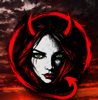 Part Evil artwork with red horns, green eyes and a red brushstroke circle against a sunset